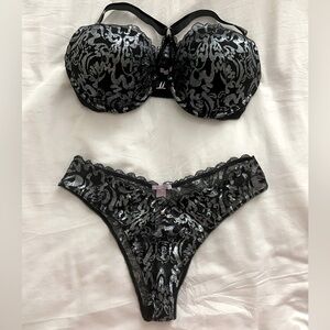 Savage x Fenty Sharp Dresser Lace Push-Up Bra Panties Black Caviar 34DD Large